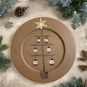 Donna White Snowman Tree Christmas Plate Primitive Folk Art Holiday Decor 9.5"
